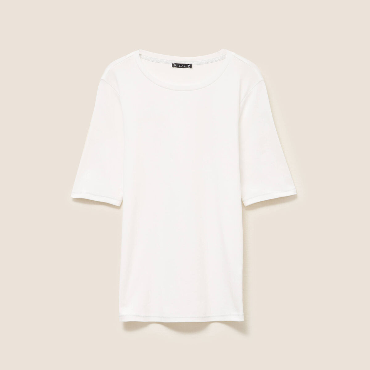 T-shirt ajust&eacute; col rond manches coudes ecru femme