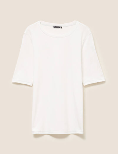 T-shirt ajust&eacute; col rond manches coudes ecru femme