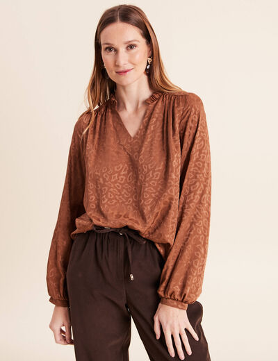 Blouse jacquard col v manches longues noir femme
