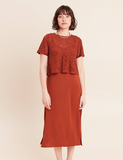 Robe 2 en 1 col rond marron fonc&eacute; femme