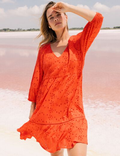 Robe courte manches 3/4 fluide rouge corail femme