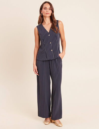 Pantalon large taille haute bleu fonc&eacute; femme