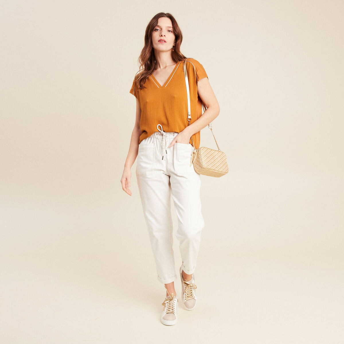 Pantalon coupe droite à coulisse blanc femme
