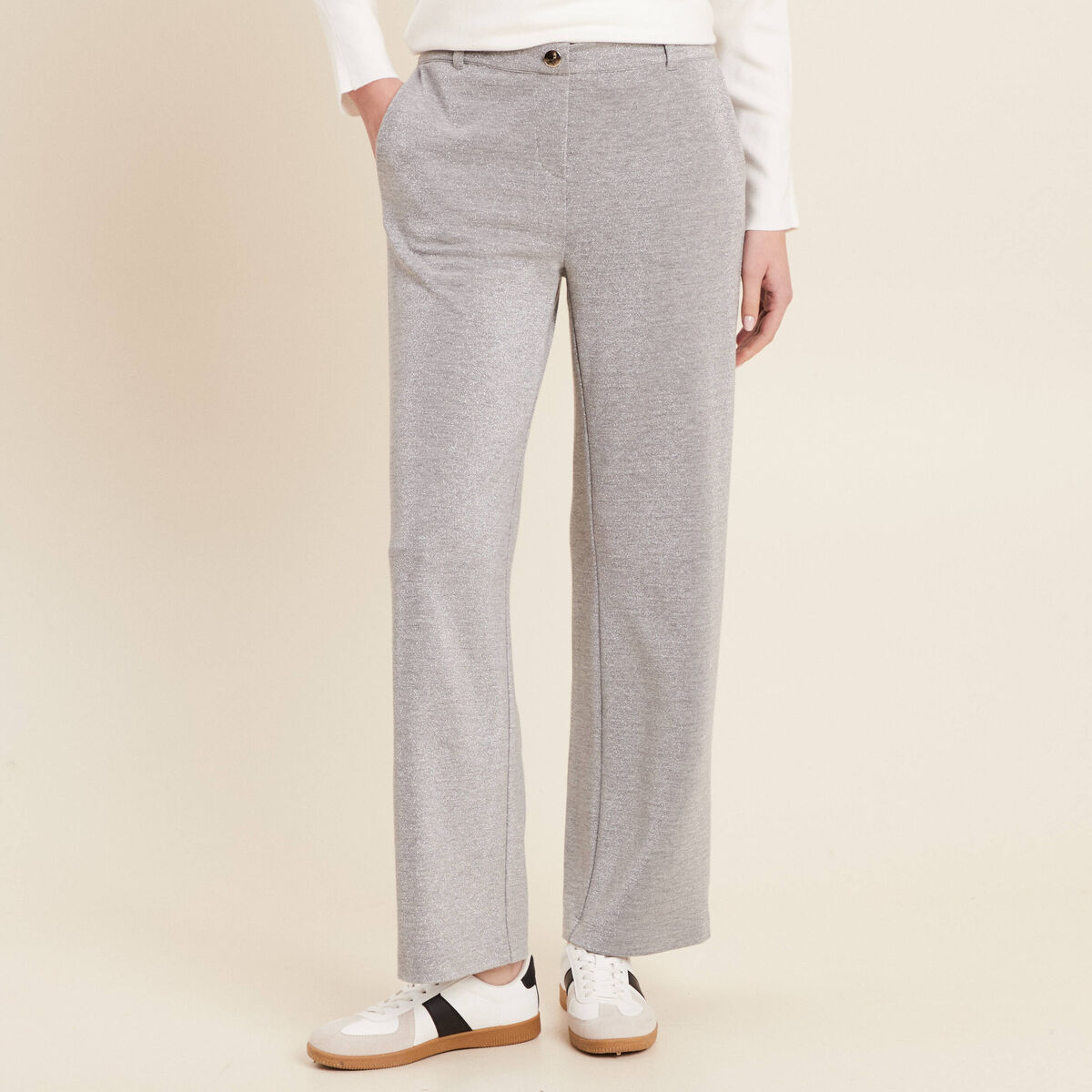 Pantalon large paillettes gris argent femme