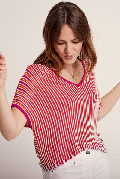 Pull manches courtes col en V rose fushia femme