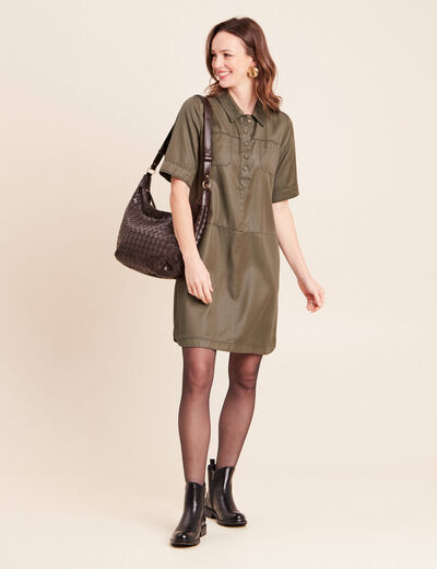 Robe droite courte enduite col chemise vert kaki femme