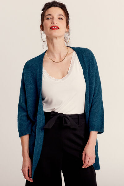Gilet manches 3/4 bleu pétrole femme