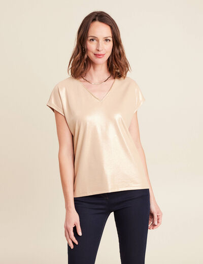 t-shirt col V manches courtes beige femme