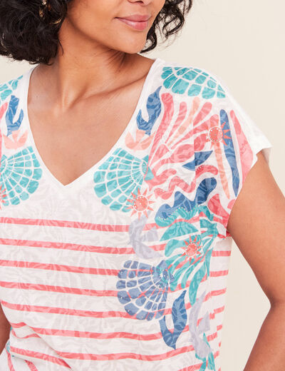 T-shirt col v manches courtes strass ecru femme