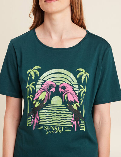 T-shirt droit col rond manches courtes vert foncé femme