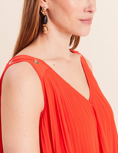 Robe pliss&eacute;e sans manches col v orange fonc&eacute; femme