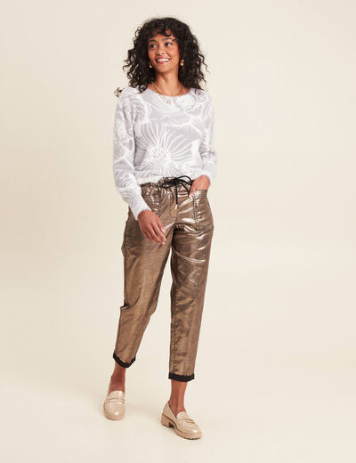 Pantalon paperbag enduit gris femme