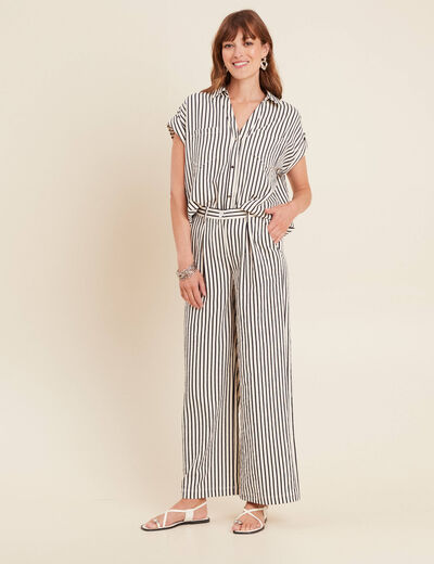 Pantalon large taille haute bleu foncé femme