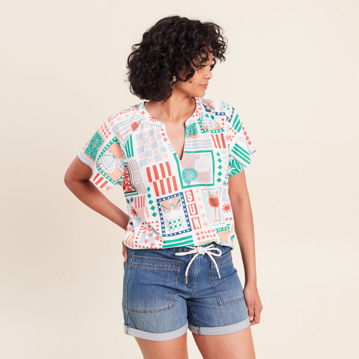 Blouse col tunisien manches courtes bleu femme