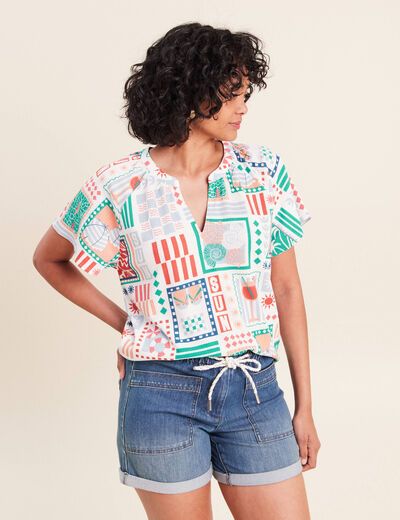 Blouse col tunisien manches courtes bleu femme