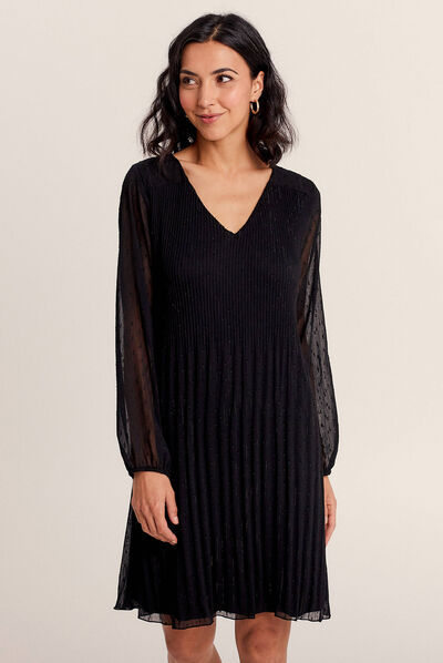 Robe évasée plissée noir femme