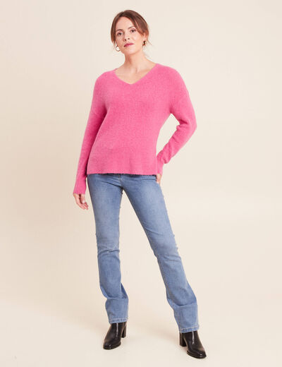 Pull col v manches longues rose fushia femme