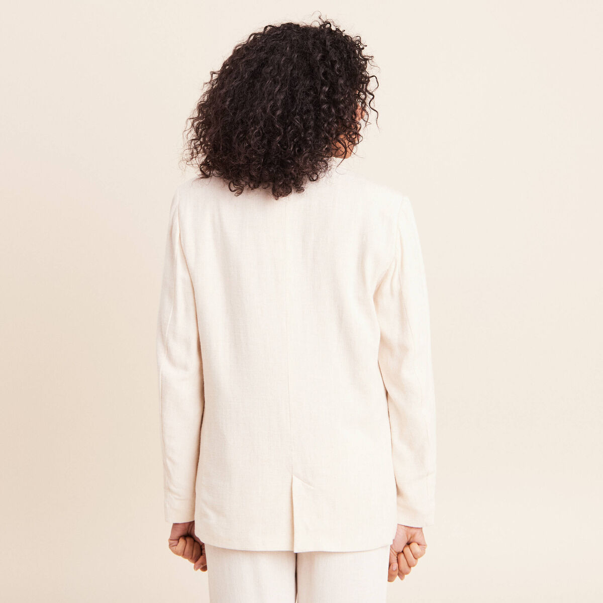 Blazer droit long manches 3/4 doubl&eacute; beige femme