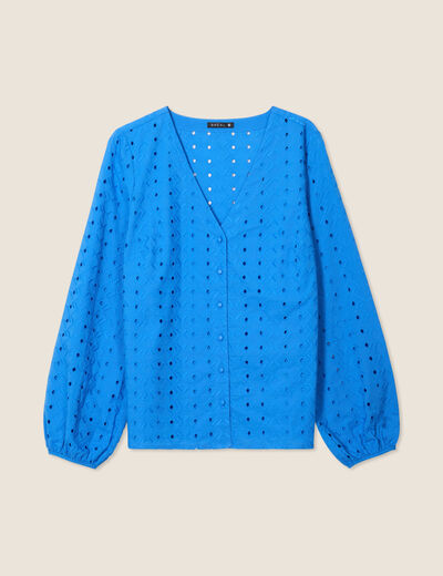 Chemise manches 3/4 brodée bleu femme