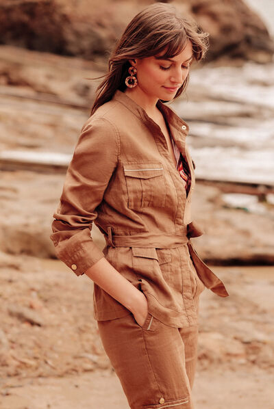 Veste droite ceinturée marron femme