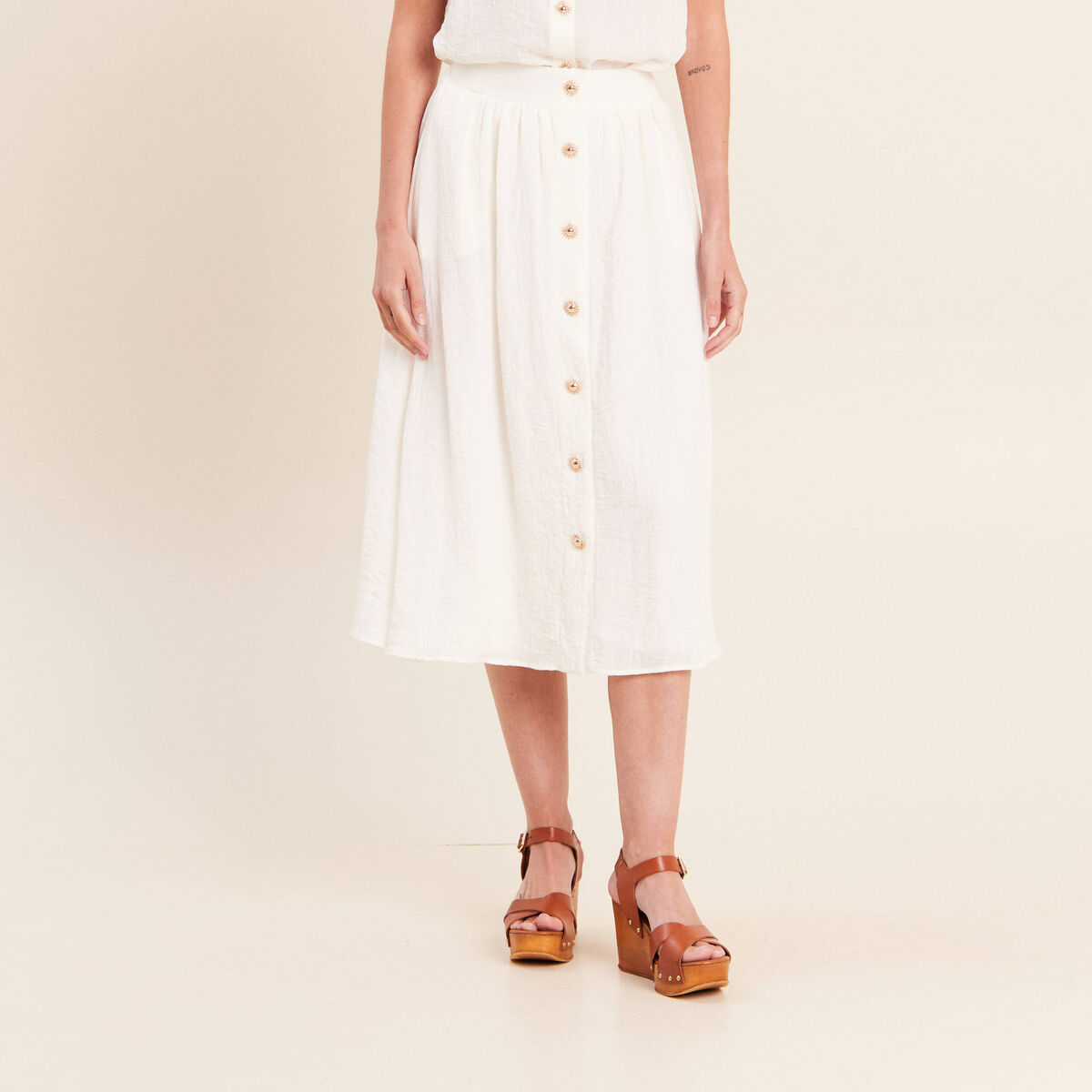 Jupe pliss&eacute;e taille haute doubl&eacute;e ecru femme