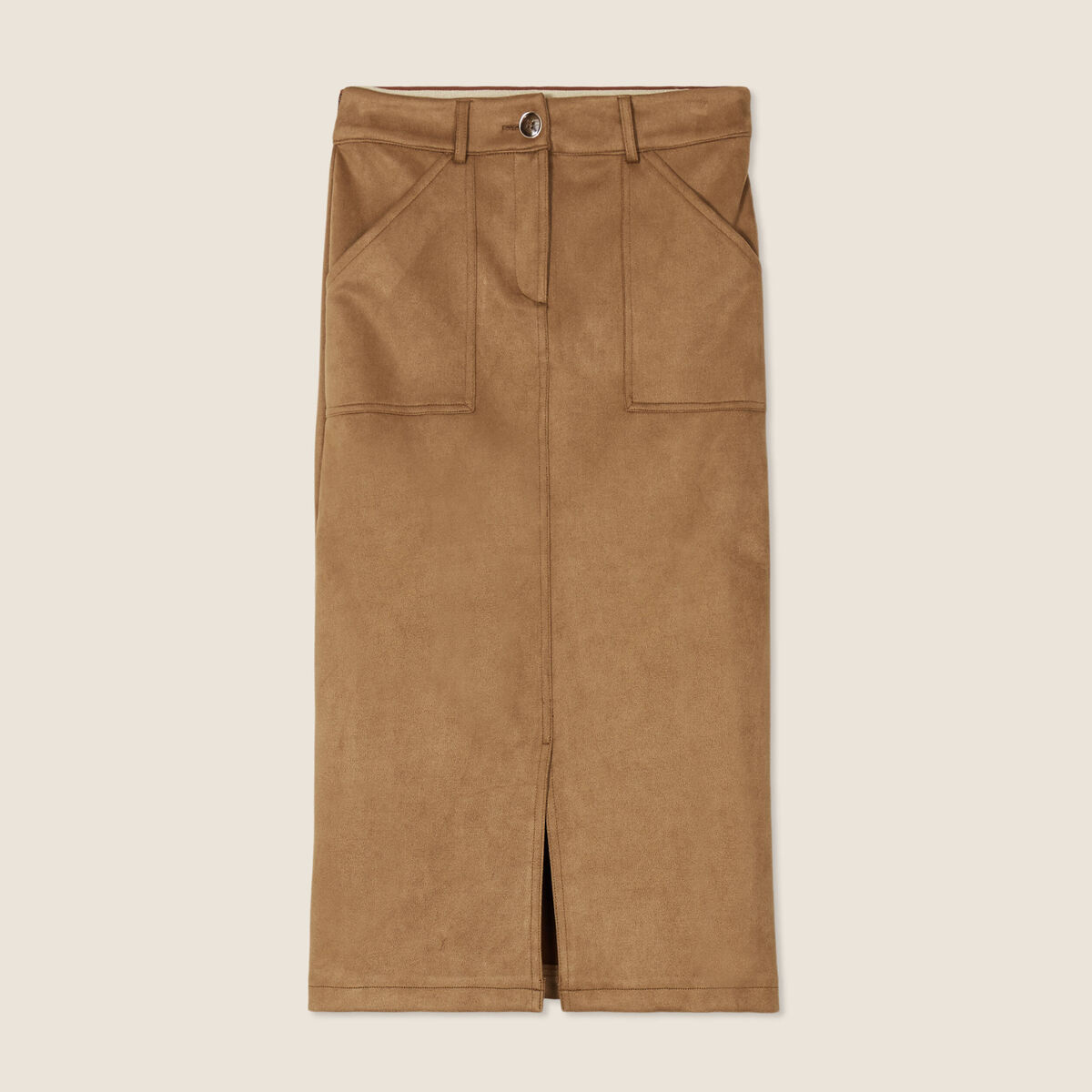 Jupe longue droite suédine marron femme