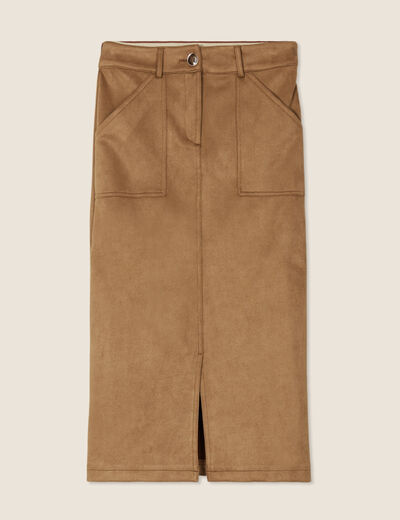 Jupe longue droite suédine marron femme