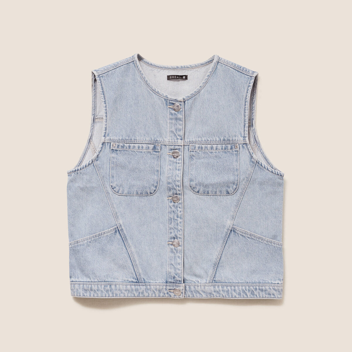 Veste cintr&eacute;e sans manches en jean denim double stone femme