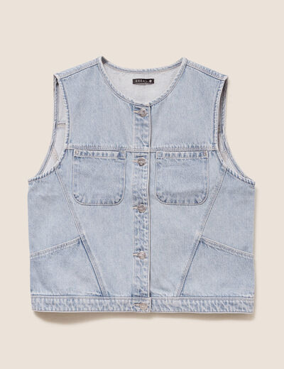 Veste cintr&eacute;e sans manches en jean denim double stone femme