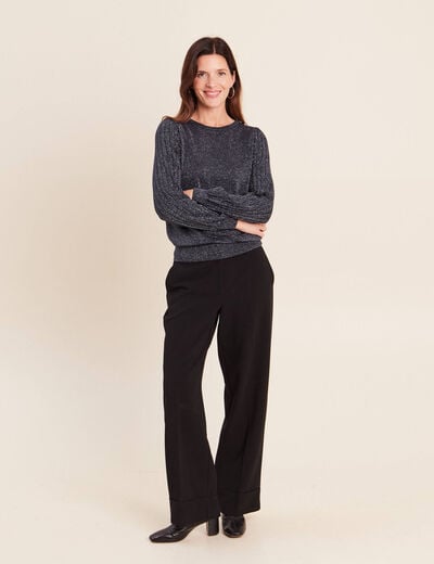 Pull cintr&eacute; col rond manches longues bleu fonc&eacute; femme