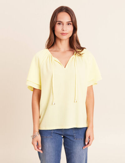Blouse col v manches coudes jaune pastel femme