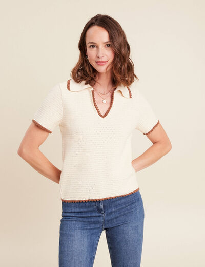 Pull col chemise manches courtes ecru femme