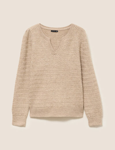 Pull col tunisien manches longues beige femme