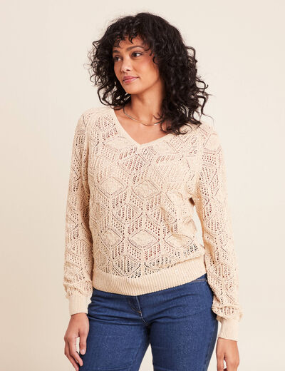 Pull col v manches longues dentelle sable femme