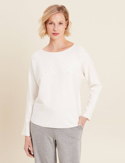 Pull manches longues strass ecru femme