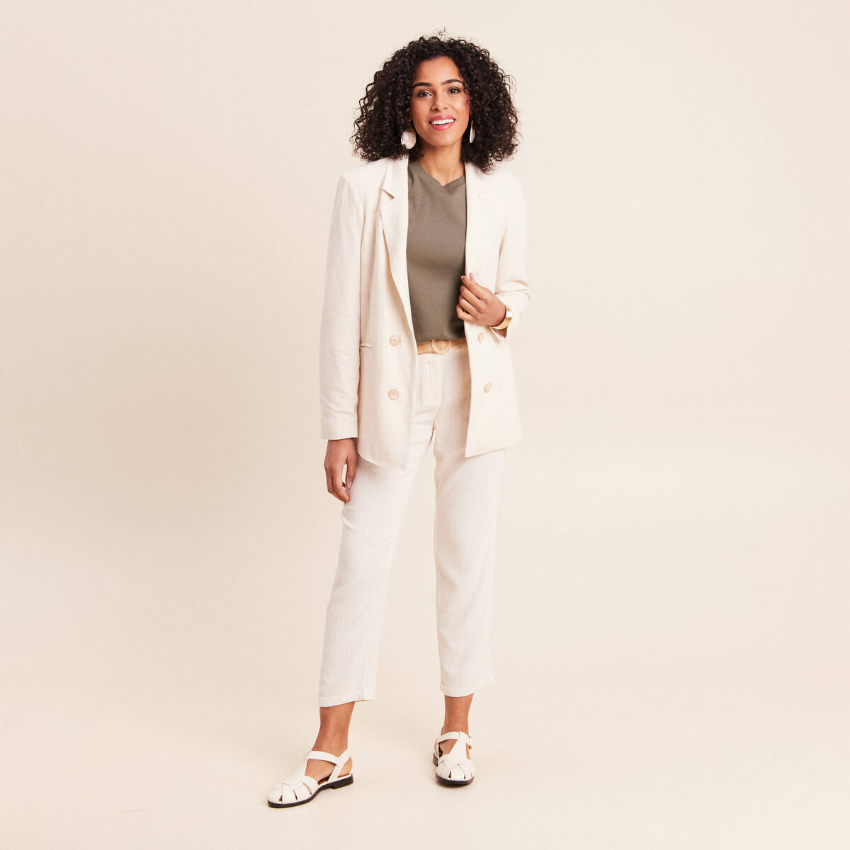 Blazer droit long manches 3/4 doubl&eacute; beige femme