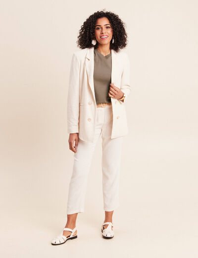 Blazer droit long manches 3/4 doubl&eacute; beige femme