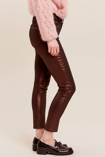 Pantalon ajusté aspect irisé marron foncé femme