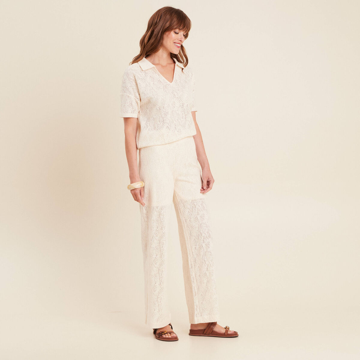 Pantalon large taille basculée ecru femme