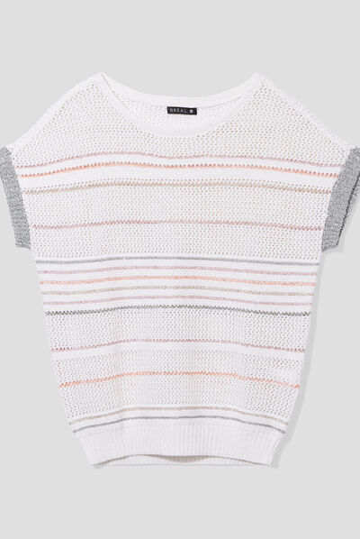 Pull manches courtes col rond ecru femme