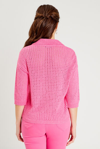 Pull ajouré à manches 3/4 rose fushia femme