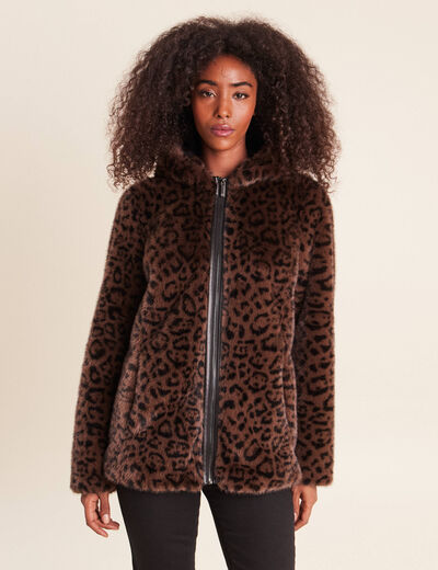 Manteau en fausse fourrure &agrave; capuche marron femme