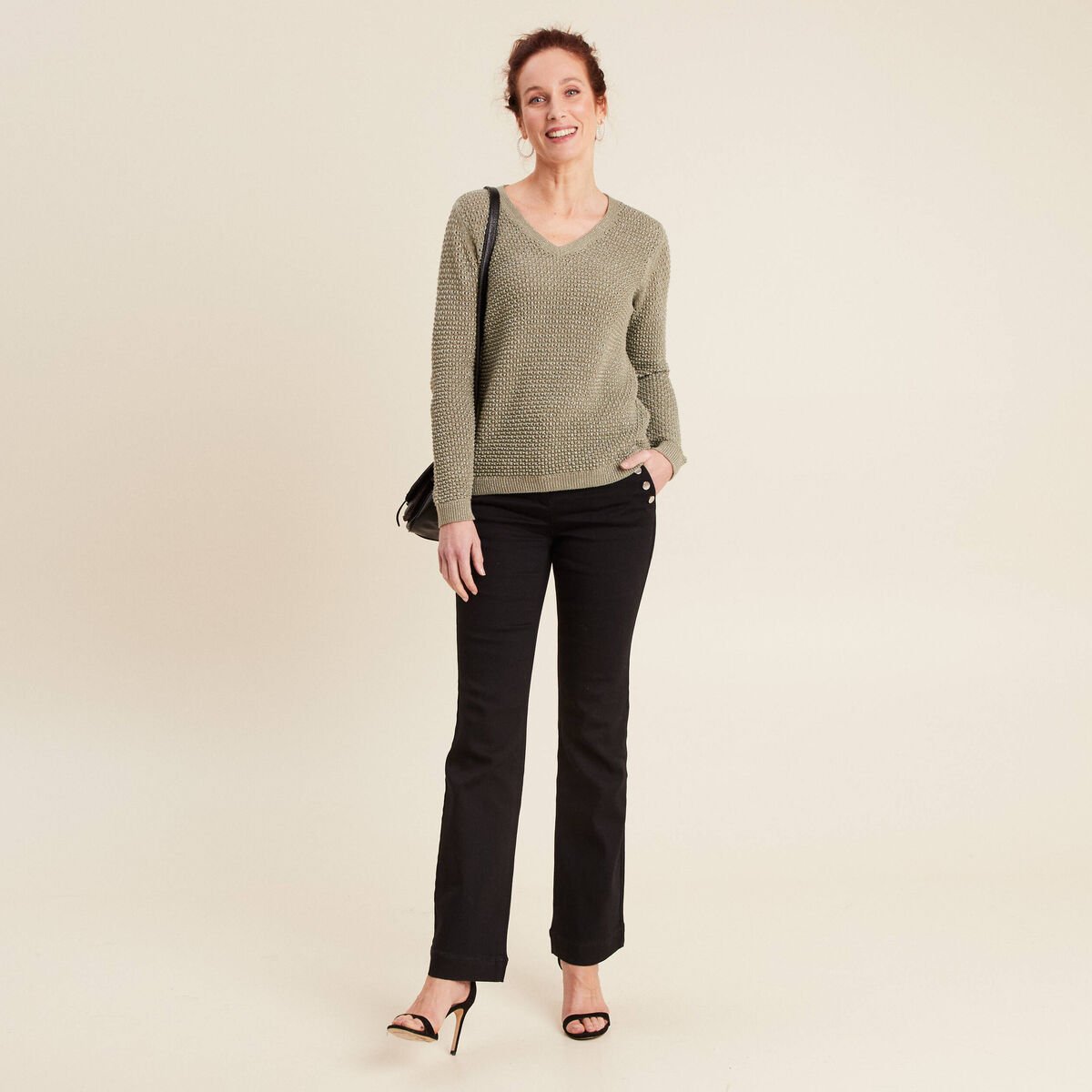Pull manches longues col en V vert clair femme