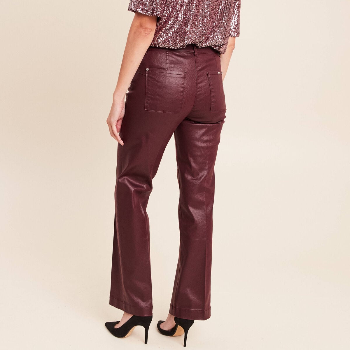 Pantalon enduit coupe large bordeaux femme