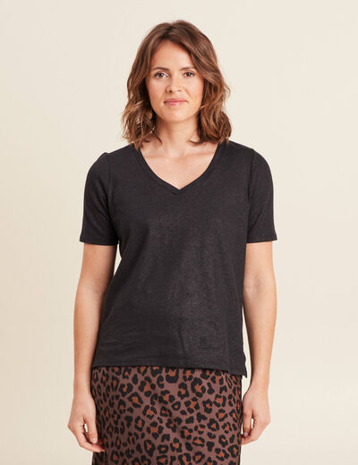 T-shirt col V manches courtes noir femme