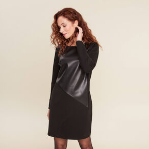Robe droite détail simili cuir noir femme
