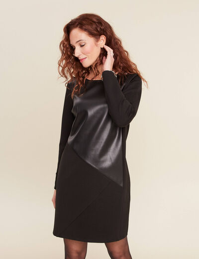 Robe droite détail simili cuir noir femme
