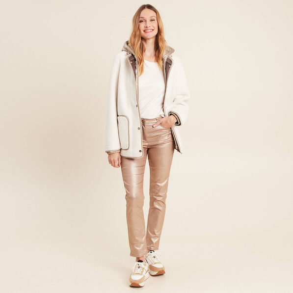 Manteau laine mouton à capuche ecru femme