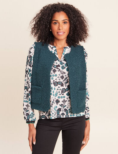 Gilet sans manches bouclette poches vert fonc&eacute; femme