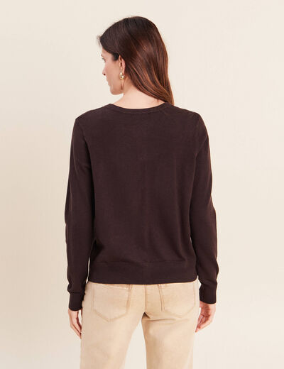 Gilet manches longues col rond marron fonc&eacute; femme